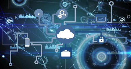 Image of cloud and icons over network of connections on dark background. Global finance, business,...
