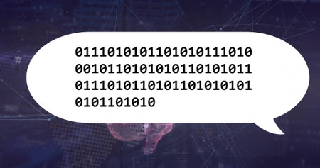 Image of human brain, binary coidng data processing over speech bubble. Global artificial intelligence, connections, computing and data processing concept digitally generated image.の写真素材