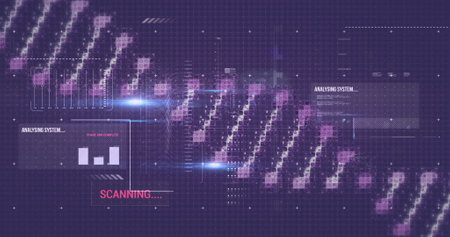 Image of dna strand and digital data processing over black background. Global finance, business,...