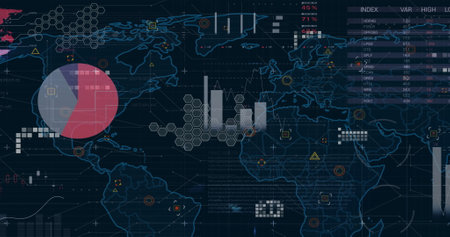 Image of statistics and financial data processing over black background. Global finance, business,...