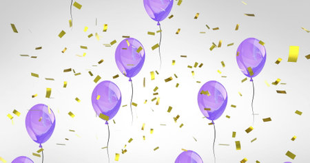 Image of gold confetti falling over purple party balloons rising on grey background. Event, party and celebration, digitally generated image.の写真素材