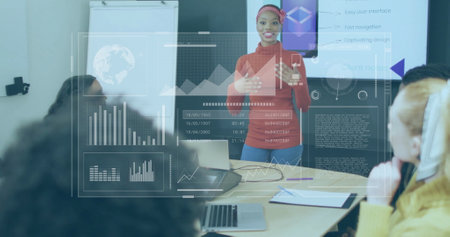 Image of data processing over diverse business people at meeting. Global business, teamwork and...