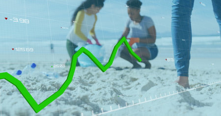 Image of financial data processing over diverse people recycling on beach. Global environment,...