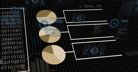 Image of digital data processing over black background. Global connections, computing and data processing concept digitally generated image.の写真素材