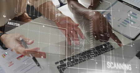 Image of data processing and diagrams over diverse female colleagues discussing work. Global...