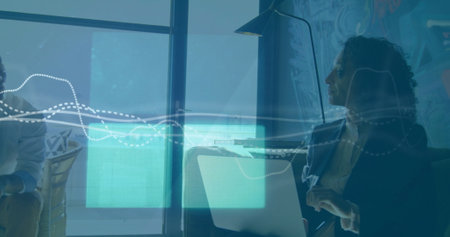 Image of financial data processing over diverse business people in office. Global finance, business,...