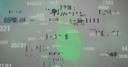 Image of data processing and padlock on gray background. Technology and digital interface concept...