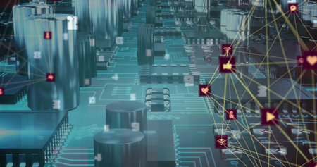 Image of data processing and network of connections with icons over computing board. Technology and...