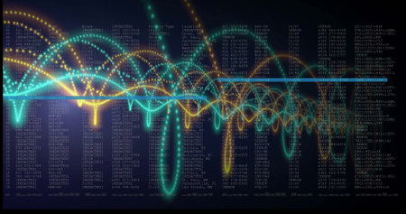 Image of digital data processing over black background. Global connections, computing and data...