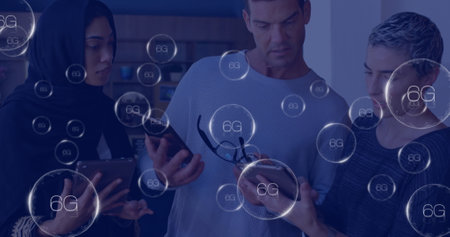 Image of circles with 6g text over diverse colleagues using tablets. Global social media,...