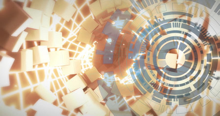Image of moving light trails and shapes over scope scanning. Technology and digital interface...