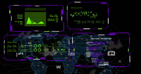 Image of digital data processing over black background. Global artificial intelligence, connections,...