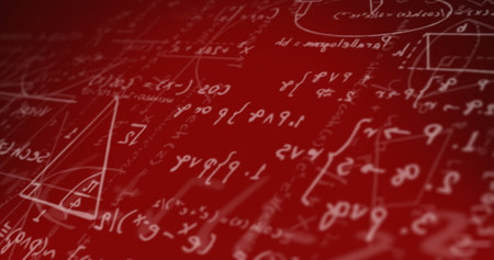 Image of mathematical data processing over red background. Global education, learning, science,...