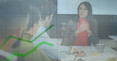 Image of financial data processing over diverse business people in office. Global finance, business,...