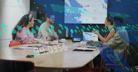 Image of data processing and world map over diverse colleagues discussing work in office....