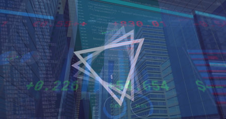 Image of financial data processing over computer screens and city. Global connections, computing and...
