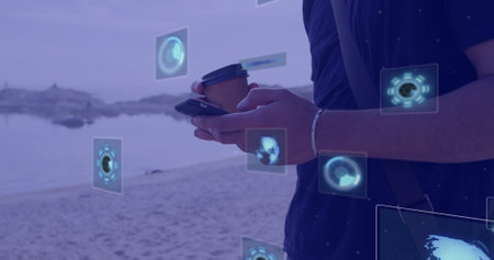 Image of digital screens with data over caucasian man using smartphone. Technology, science and...