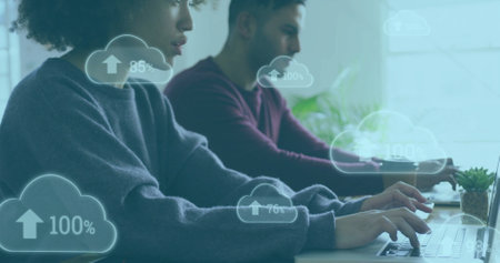 Image of digital clouds with percent growing over diverse business people in office. Global finance, business, connections, cloud computing and data processing concept digitally generated image.の写真素材