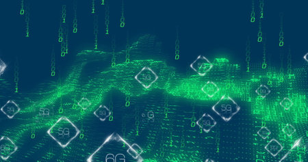 Image of 5g and 6g text, digital data processing over binary coding. Global connections, computing...