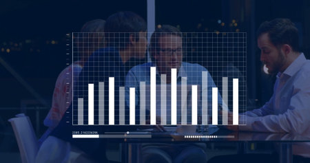 Business meeting with bar chart image over people discussing at table. Teamwork, brainstorming,...