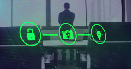 Image of media icons over biracial businessman thinking. Global technology, business and digital interface concept digitally generated image.の写真素材