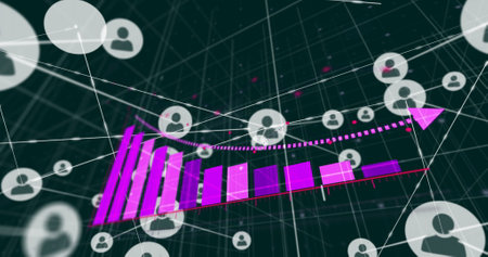 Image of statistics and digital data processing over network of connections with icons. Global...