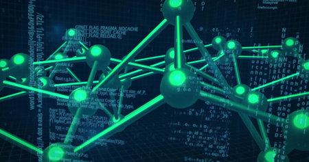 Image of network of connections with spots over data processing. Business, technology and digital interface concept digitally generated image.の写真素材