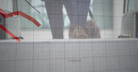 Image of financial data processing over business people on escalator. Global finance, business,...