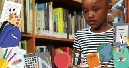 Image of school items icons over african american schoolgirl reading book in library. Global...