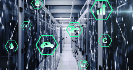 Image of eco icons and digital data processing over computer servers. Global connections, computing...