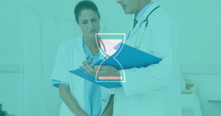 Image of hourglass icon over diverse doctors. Global medicine, connections, computing and data...