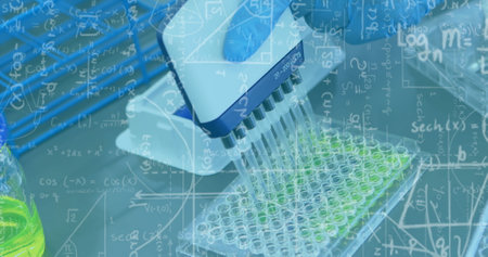 Pipetting liquid into wells, scientific equations image over laboratory equipment. science,...