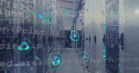 Image of eco icons and digital data processing over computer servers. Global connections, computing...