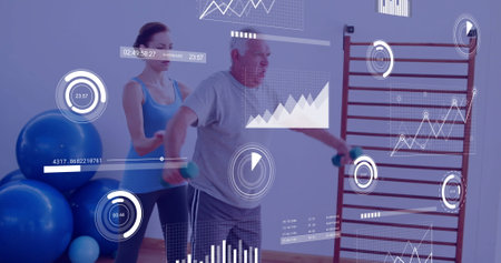 Elderly man exercising with trainer, fitness data image over workout session. exercise, training,...