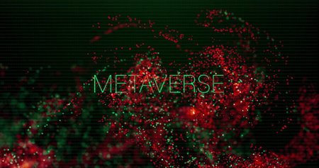 Metaverse text over abstract red and green particles image. Technology, virtual reality, digital,...
