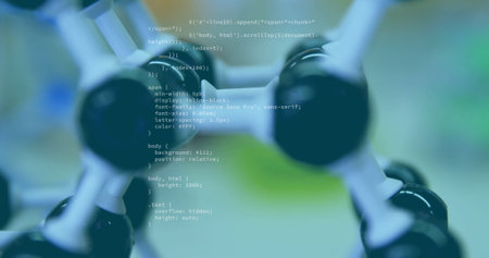 Programming code image over blurred molecular structure in scientific background. Technology,...