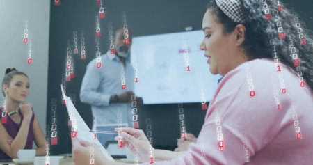 Image of data processing over diverse colleagues discussing work in office. Business, finances,...