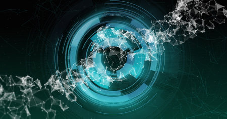 Rotating digital interface with interconnected nodes and geometric shapes, futuristic image....