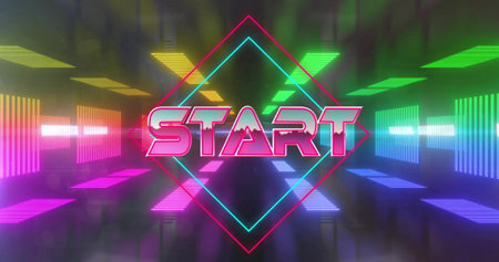 Image of start text over colourful neon shapes. Social media, technology and digital interface...