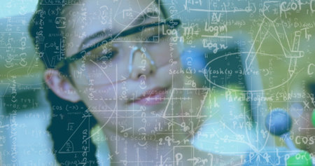 Mathematical equations and formulas image over person working in laboratory. Science, research,...