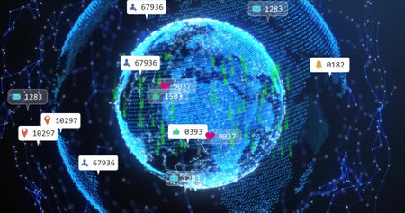 Image of media icons and data over globe. Technology, business and digital interface concept...
