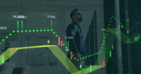 Image of financial data processing over caucasian businessman in office. Global business, finances and digital interface concept digitally generated image.の写真素材
