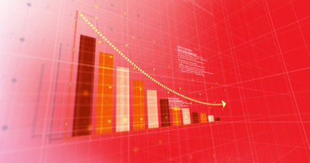 Image of financial data processing and statistics on red background. Global finance, business,...