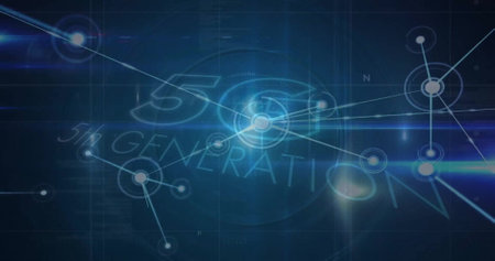 Image of network of connections over 5g 5th generation text on black background. Global connections,...