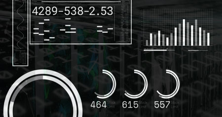 Image of text and data processing over computer servers. Global business, connections, computing and...