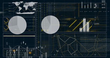 Image of financial data processing over black background. Global finance, business, connections,...