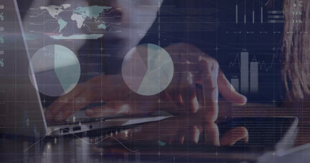 Image of financial data processing over caucasian businesswoman using laptop in office. Global...