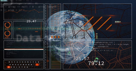 Image of data processing over globe on black background. Global connections, computing and data...