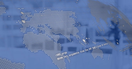 Image of statistics and digital data processing over office on blue background. Global connections,...