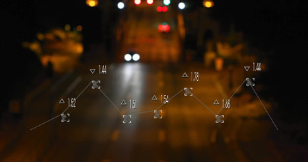 Image of data processing and diagram over night city. Global business and digital interface concept digitally generated image.の写真素材